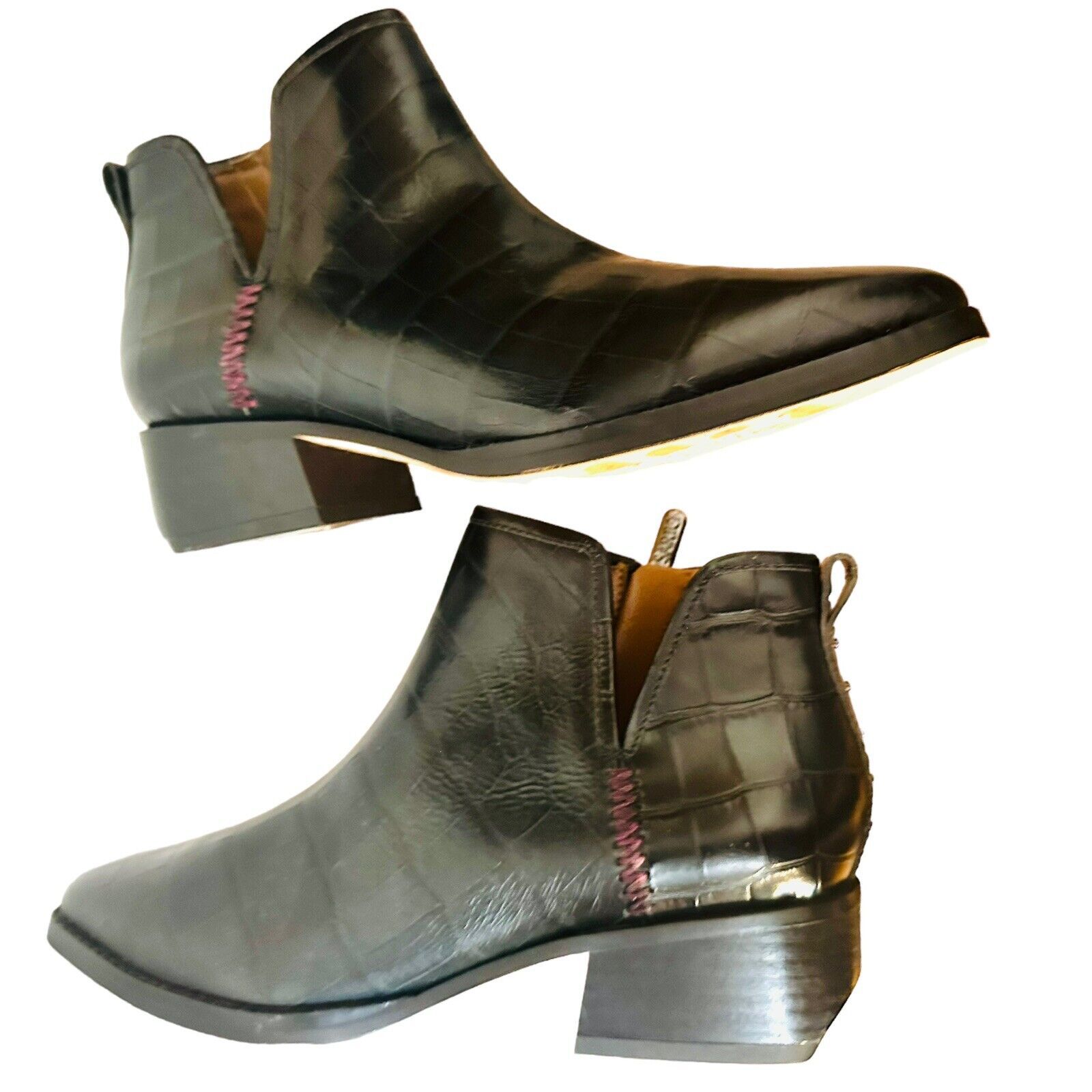 Franco Sarto Asti Ankle Boot 6m Croc Leather Dark Pine Square Toe New Dead Stock